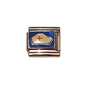 Italian Charmlink for Charm Bracelet Nurse's‎ Hat with Cross Stainless Steel 9mm